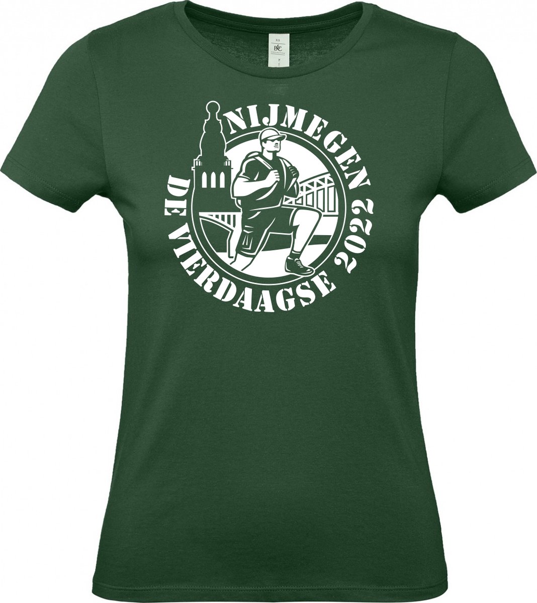 Dames t-shirt CartoonShirt De Vierdaagse |Wandelvierdaagse | Vierdaagse Nijmegen | Roze woensdag | Groen | maat XS